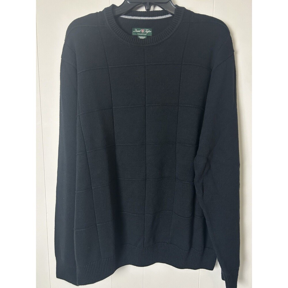 David Taylor Men’s XL Grandpa Sweater Black Cotton Windowpane Grid Knit Crewneck